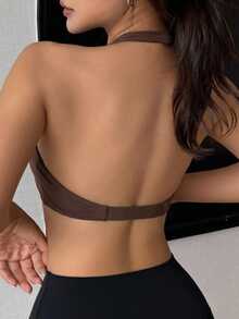 DAZY Solid Color Halter Neck Twist Front Slight Push-Up Women's Sports Bra - Brown - View 5
