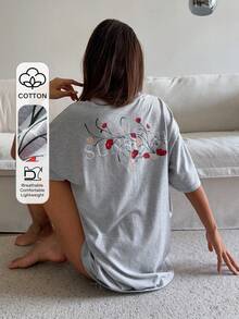 DAZY Camiseta holgada de manga corta con cuello redondo, decoración floral y estampado de letras, estilo casual, oversize, para mujer en verano - Gris - Ver 1