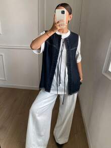 Livesso Tall 女款圓領無袖前開襟繫帶休閒牛仔背心，適合高個女性 - 深色水洗藍 - 查看 3