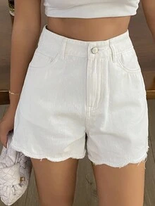 Dazy Tall 女款夏季毛邊花卉飾邊休閒白色牛仔短褲，適合高個女性 - 白色 - 查看 3