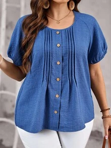 EMERY ROSE Plus Size Women's Summer Navy Blue Boho Casual Vacation Top Puff Sleeve Single-Breasted Pleated Design Faux Denim Midi Holiday Beach Office Date Night - Blue - View 2