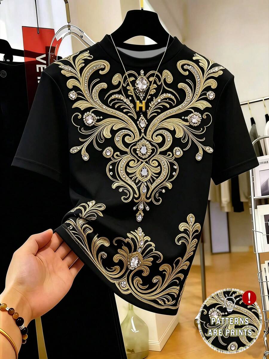 GlowEve 女士印花圆领短袖休闲T恤 - 黑色 - 查看 1