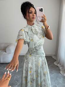 Modelyn Vestido acampanado con cordones, cintura ceñida, fruncido y estampado de mariposas para mujer - Verde - Ver 7