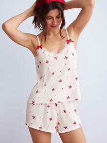 Elorette Damen Schlafanzug Set, geripptes Strickgewebe, Schmetterlings-Muster Kontrastspitze, süß & sexy Trägerhemd und Shorts - Weiss - Übersicht 6