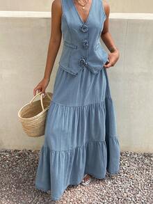 Livesso Spring & Summer Casual Vacation Design Sleeveless Denim Jacket Top & Flared Skirt 2-Piece Set For Women - Light Wash - View 2