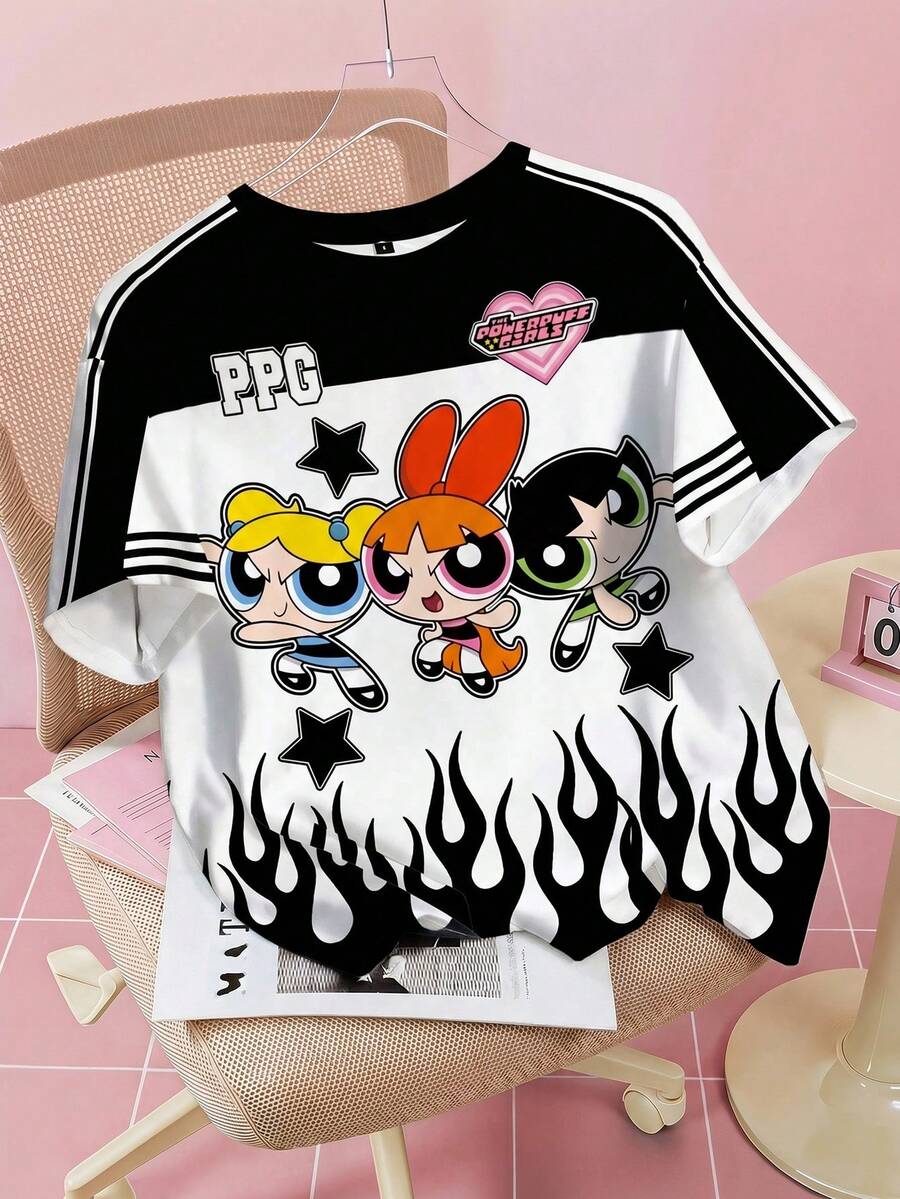THE POWERPUFF GIRLS X SHEIN Damen Sommer Farbblock Blüten, Blasen, Butterblumen Muster Kurzarm T-Shirt - Weiss - Übersicht 1