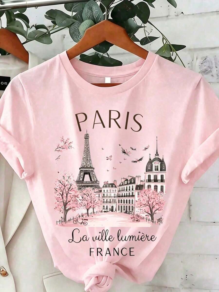 EMERY ROSE Women's Short Sleeve Paris Print Casual T-Shirt, Summer & Spring Top Graphic Tees Women Tops - Pink - View 1