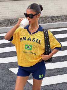 Muchica Women's Letter Pattern Green And Yellow Contrast Color Knit Short Sleeve Top Travel Vacation Summer Country Athleisure Tropical Streetwear - Yellow - View 1