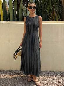 Livesso Women's Vintage Washed Dark Grey Striped Waist Splice Casual Vacation Minimalist Beach City Break Elegant Commute Loose Straight Midi Denim Dress, - Grey - View 3