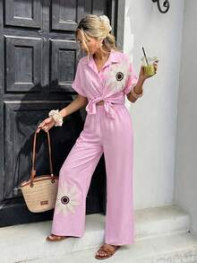 Flora Isola Flora Isola Bohemian Casual Style Pink Floral Sunflower Print 2 Pieces Set Women's Short Sleeve Shirt + Wide Leg Pants Summer Vacation Outfit Beach - Pink - View 3