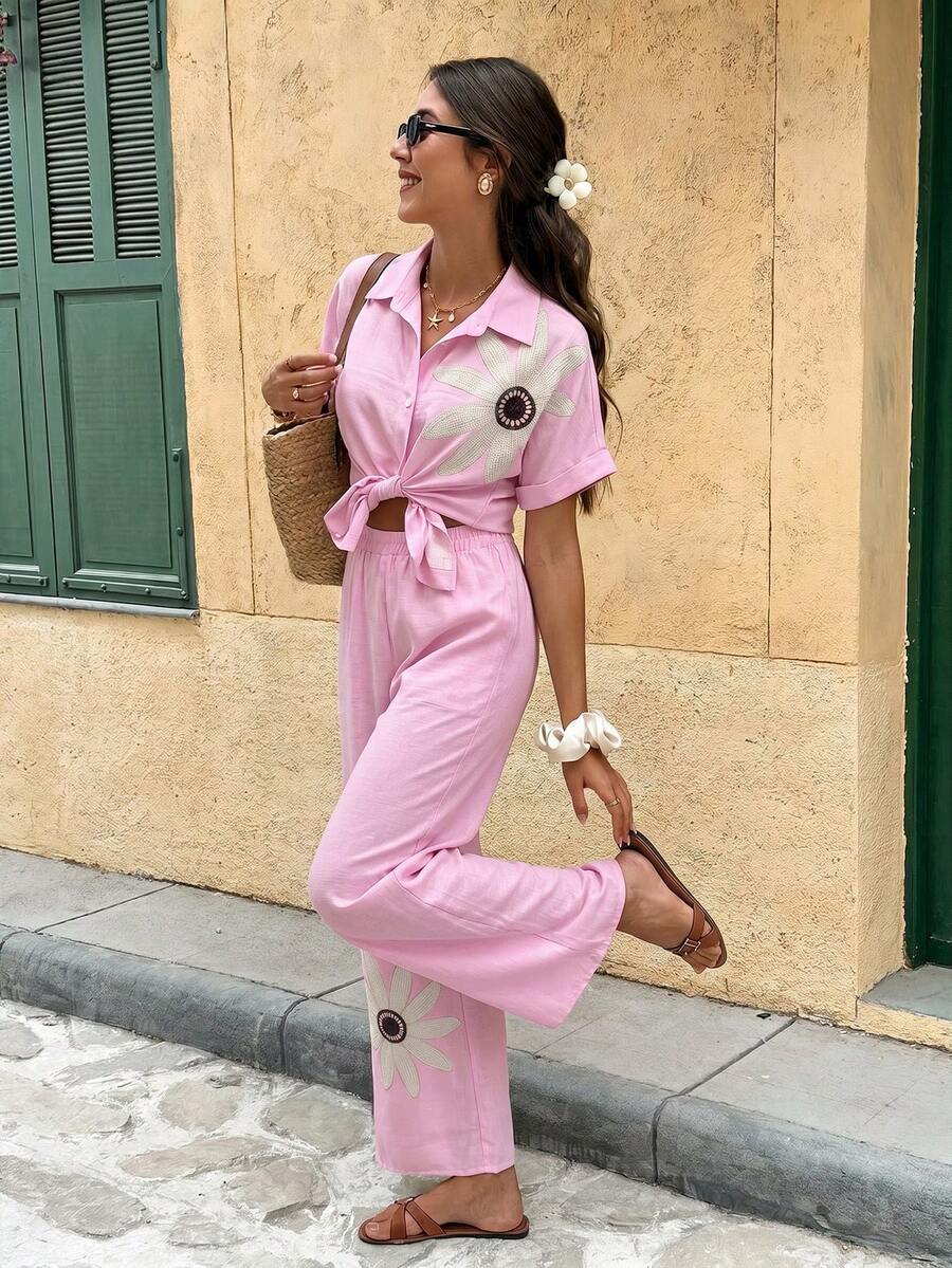 Flora Isola Flora Isola Bohemian Casual Style Pink Floral Sunflower Print 2 Pieces Set Women's Short Sleeve Shirt + Wide Leg Pants Summer Vacation Outfit Beach - Pink - View 1