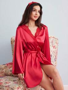 Elorette 女士撞色蕾丝长袖纯色优雅睡袍，奢华家居服，舒适优雅细节，秋冬款 - 酒紅色 - 查看 7