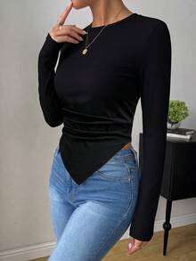 SHEIN Raffinéa Women's Solid Color Round Neck Long Sleeve Asymmetric Hem T-Shirt - Black - View 4