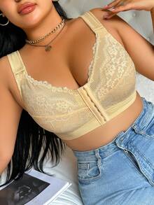 DesireSculpt 1pc Plus Size Front Closure Lace Patchwork Lingerie - Apricot - View 3