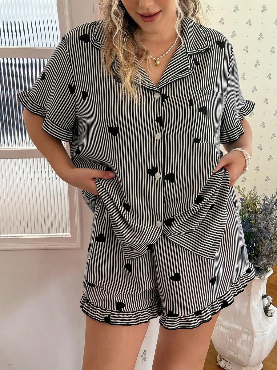 CottageSlumber Pink Heart Print Ruffle Collar Button-Up Short Sleeve Shorts Plus Size Pajama Set - Black - View 1