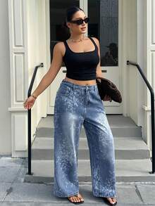 Dazy Plus Jeans rectos y holgados con estampado para mujer de talla grande, pantalones casuales de estilo callejero para vacaciones, primavera/verano - Azul lavado medio - Ver 4
