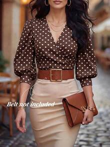 EMERY ROSE Blus Wanita Pendek Model V-Neck Motif Polkadot Lengan Mengembang dengan Pinggang Ramping, Model Terbaru Musim Semi/Panas - MultiWarna - View 3