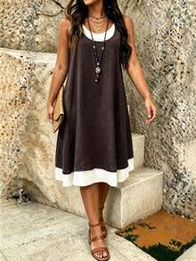 EMERY ROSE Plus Size Colorblock Round Neck Casual Soft Form Smart Traditional Elegant Women's Vacation Dress Formal Wedding Floral White Black Summer - Multicolor - View 5