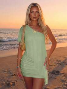 Vestido mini asimétrico de cuello asimétrico para vacaciones de mujer - Cafetería - Ver 9