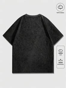 ROMWE MEN Goth Men's Round Neck Short Sleeve Wing Letter Print Fashion T-Shirt - Black - View 2