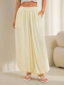 SHEIN PETITE Quần dài nữ màu trơn phong cách thường ngày đa năng xếp ly có túi dây buộc ống đèn bo gấu - Màu be - Xem 4