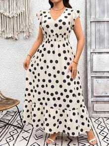 Comfylo Plus Size Women's Summer Ditsy Floral Boho 1950s Vintage Lace Sleeve V-Neck Long Holiday Dress Vacation Wedding Guest Beige - Apricot - View 5