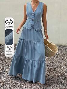 Livesso Spring & Summer Casual Vacation Design Sleeveless Denim Jacket Top & Flared Skirt 2-Piece Set For Women - Light Wash - View 1
