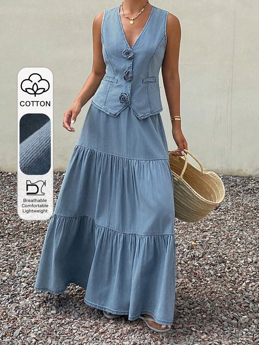 Livesso Spring & Summer Casual Vacation Design Sleeveless Denim Jacket Top & Flared Skirt 2-Piece Set For Women - Light Wash - View 1