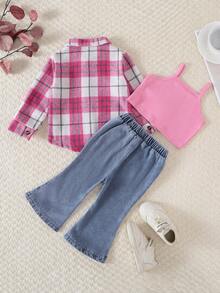 SHEIN Playful Pals 3pcs/Set Baby GirlFashionable Plaid Long Sleeve Shirt + Suspender Short Vest + Flared Jeans Casual Outfit - Pink - View 2
