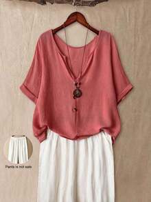 Linhara Camisa casual de talla grande con cuello en V y mangas cortas, con botones de madera, adecuada para salidas y viajes - Rosa coral - Ver 1