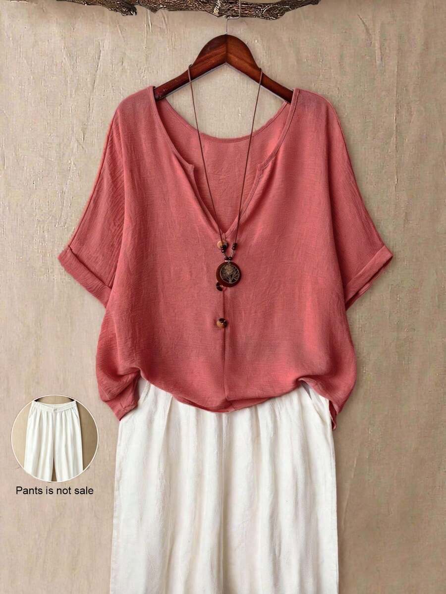 Linhara Camisa casual de talla grande con cuello en V y mangas cortas, con botones de madera, adecuada para salidas y viajes - Rosa coral - Ver 1