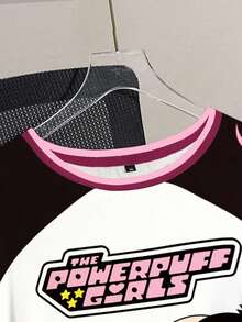 THE POWERPUFF GIRLS X SHEIN Plus Size Women's Casual Fashionable Street Colorblock Blossom, Bubbles, Buttercup Pattern Raglan Short Sleeve T-Shirt - White - View 4