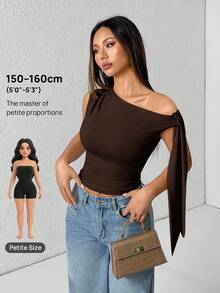 SHEIN PETITE 純色單肩綁帶上衣，適合嬌小女性 - 棕色 - 查看 8