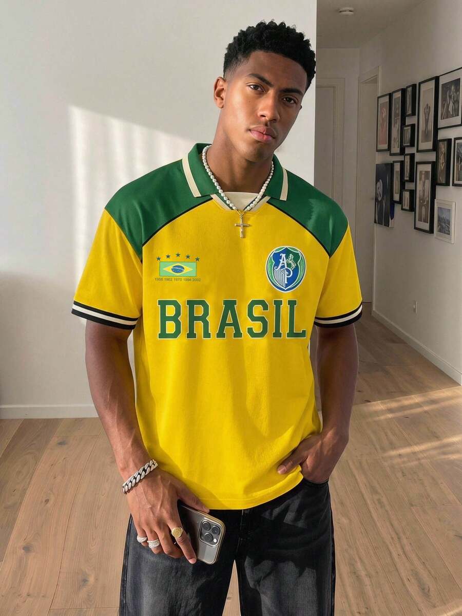 Manfinity Gritte Field Polo Collar Sporty Styles Retro Brazil  Rugby Shirt  Polo Shirt For Men Loose Fit Colorblock Polo Shirt For Men Graphic T-Shirt For Men Graphic T-Shirt For Women Fashionable Sports Jacket For Men Soccer/Football Short Sleeve Polo Shirt For Men Tops For Women  Yellow Top  Graphic Tees Women  T Shirts For Women  T Shirt For Men  Spring Tops  Easter Gifts Brazilian Jersey Brasil Tshirt Soccer Shirts Brasil Jersey Concert Outfit   Cute Tops  Summer Outfits For Women