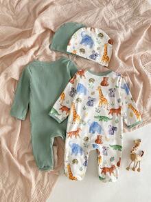 SHEIN 4件/套 新生兒長袖連身爬行服附帽子，可愛卡通長頸鹿斑馬動物條紋星星印花，中性嬰兒居家服，適合四季穿著 - 彩色 - 查看 3