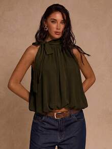 SHEIN Glamour 女款素色百褶掛脖休閒百搭日常外出上衣 - 綠色 - 查看 5