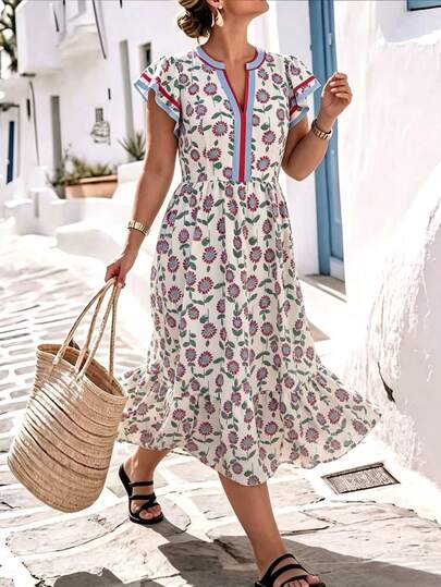 Linhara CURVE Đầm size lớn phong cách vintage họa tiết hoa phối patchwork kẻ sọc tay cánh dơi eo chiết váy xòe rộng trang phục đi biển mùa hè đầm dự tiệc