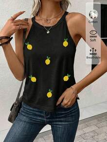 SHEIN LUNE 95%棉女款休閒修身掛脖背心上衣，適合夏季 - 黑色 - 查看 4