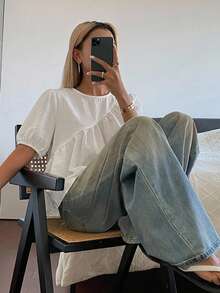 DAZY 女款素色寬鬆短袖圓領百褶休閒度假夏季襯衫上衣 - 白色 - 查看 6