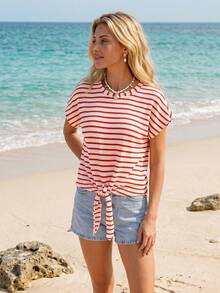 Sylviya Blusa Casual Feminina de Férias de Verão com Listras para Praia - Multicolorido - Visão 4