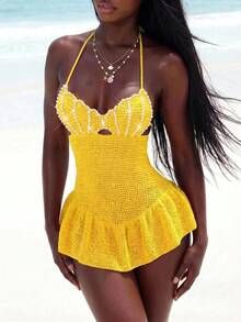 Amplova Autumn New Shell Bust Cup A-Line Women Mini Knit Dress Golf Pastal Sexy - Yellow - View 3