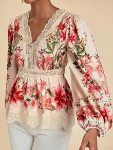 Travachic Women's Vacation Elegant Autumn Floral Print Contrast Lace Blouses - Pink - View 6