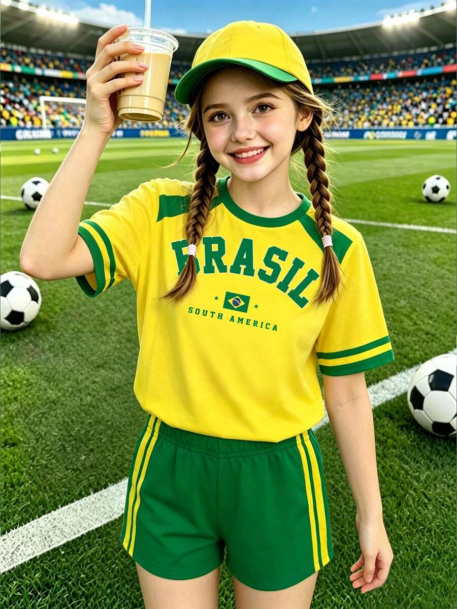 青少年女孩清新巴西黃色底色肩前綠旗五角星條紋印花基礎短袖T恤與短褲套裝,夏季日常運動穿搭 - 彩色 - 查看 1