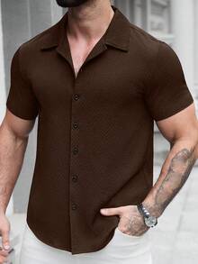 Manfinity Homme 男士几何纹理单排扣短袖衬衫 - 咖啡棕 - 查看 4