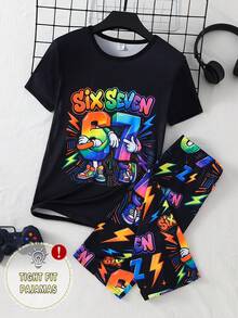 Teen Boys Rainbow Gradient American Graffiti Style SIX SEVEN (67) Number Print Cool Graphic Design Short Sleeve Shorts Snug Fit Pajama Loungewear Set - Black - View 4