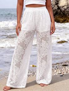 GlowEve CURVE Plus Size Women's Spring/Summer Sheer Jacquard Elastic Waist Loose Straight Leg Pants, Versatile For Commuting, Business, Shopping Vacation White - White - View 8
