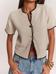SHEIN BAE Regular Women's Gold Button Knit Cardigan - Khaki - View 6