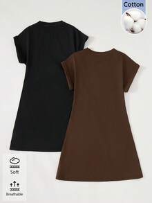 SHEIN BASICS 女款純色圓領蝙蝠袖休閒迷你洋裝 - 彩色 - 查看 4