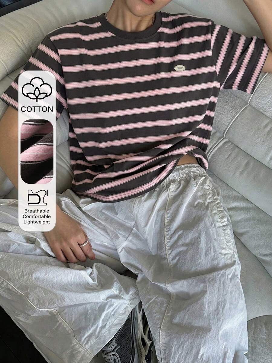 DAZY 女款休閒運動夏季上衣,拼色條紋寬鬆短袖圓領T恤,圖案印花T恤 - 棕色 - 查看 1