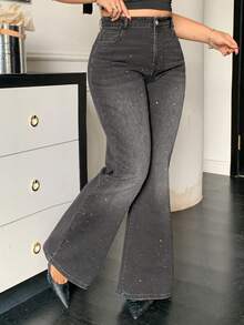 Dazy Plus Plus Size Washed Black Distressed Elastic Fitted Sequin Decor Flare Leg Jeans - Grey - View 6